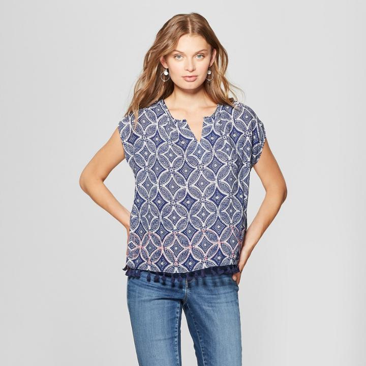 Johnpaulrichard Women's Short Sleeve Tassel Trim Blouse - John Paul Richard - Blue