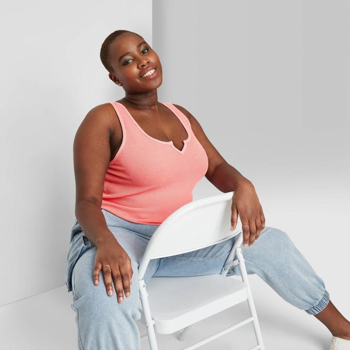 Women's Plus Size Notch Front Round Neck Tank Top - Wild Fable Coral 1x, Women's, Size: