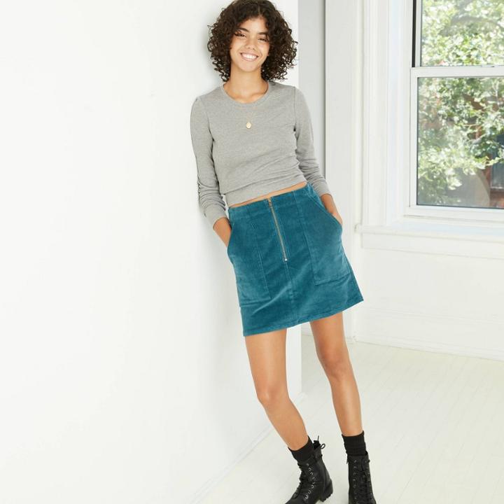 Women's High-rise Zip-front Corduroy Mini Skirt - Wild Fable Blue