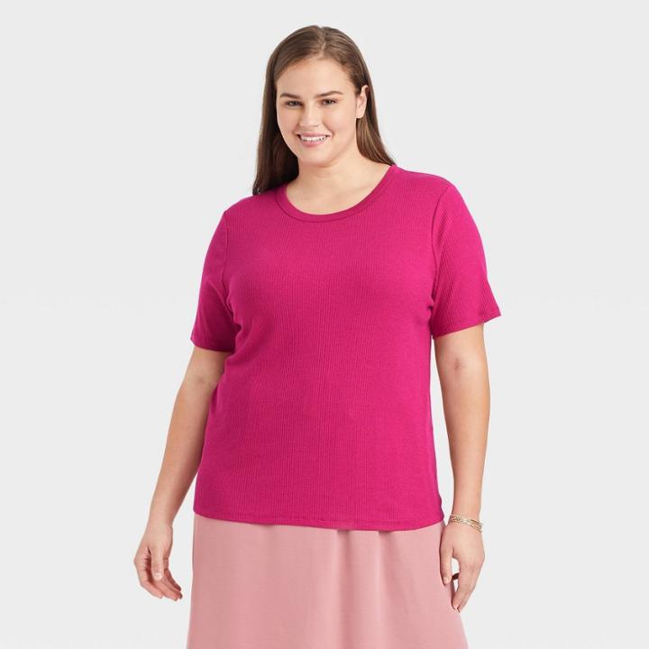 Women's Plus Size Short Sleeve Ribbed T-shirt - A New Day Rose