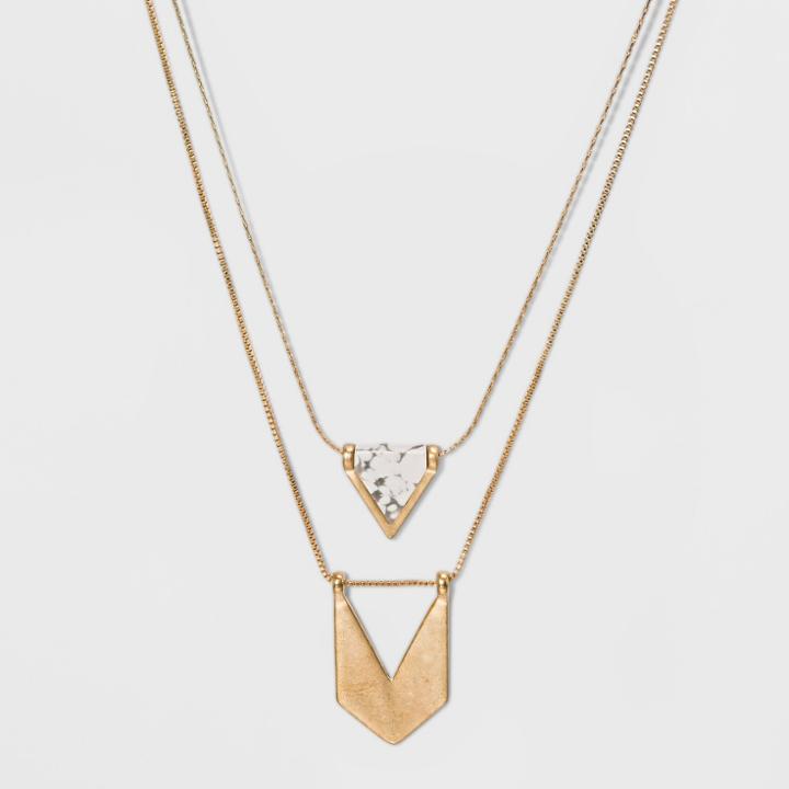 Two Row Cut Out Chevron Casting And Triangular Stone Necklace - Universal Thread Gold
