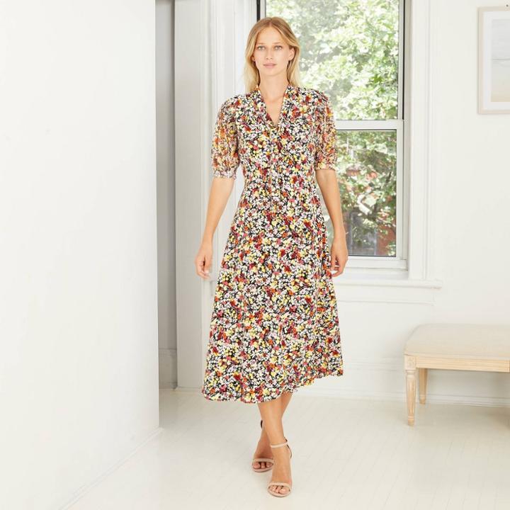 Women's Floral Print Puff Elbow Sleeve Dress - Who What Wear Black