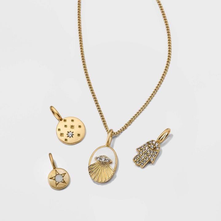 No Brand Silver Plated Gold Dipped Cubic Zirconia Eye And Hamsa Charm Pendant Necklace Set
