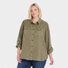 Women's Plus Size Long Sleeve Button-down Utility Shirt - Knox Rose Green