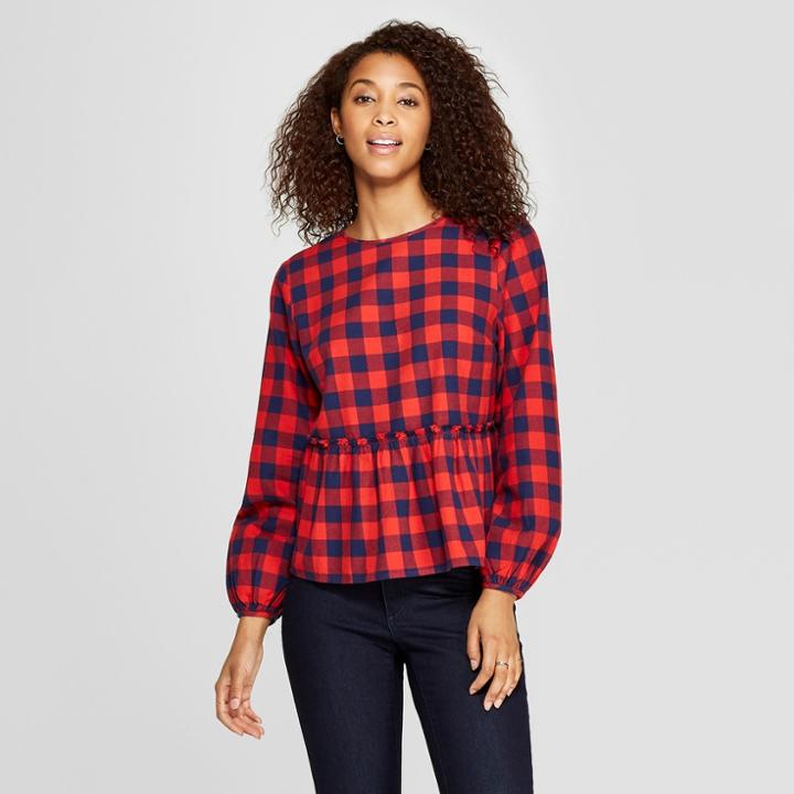Women's Long Sleeve Flannel Peplum Blouse - Universal Thread Red