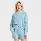 Women's Long Sleeve Henley Neck Cropped Shirt - Universal Thread Blue