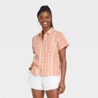 Women's Short Sleeve Button-down Shirt - Universal Thread Coral Pink Plaid