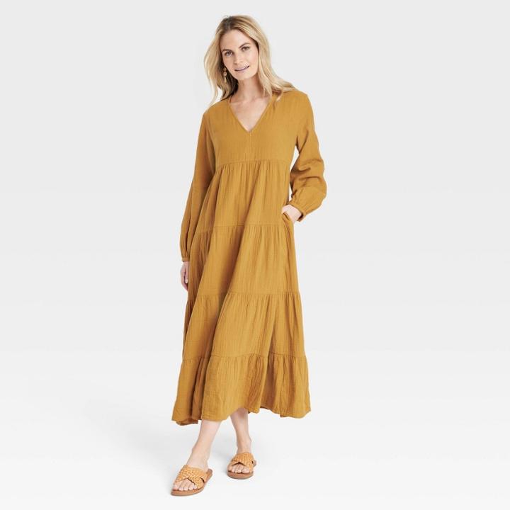 Women's Bell Long Sleeve Tiered Gauze Dress - Universal Thread Brown