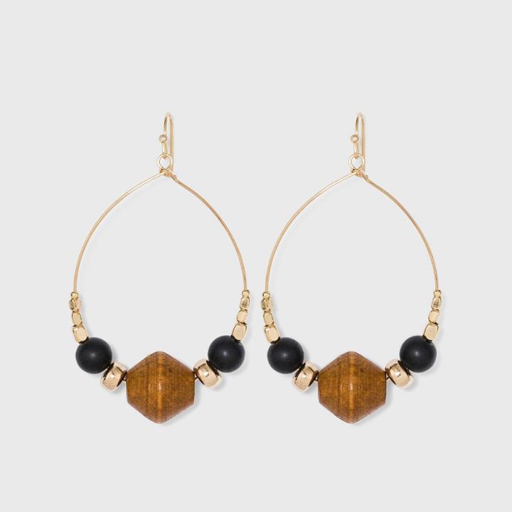 Gold With Wood And Brass Beads Drop Hoop Earrings - A New Day Gold