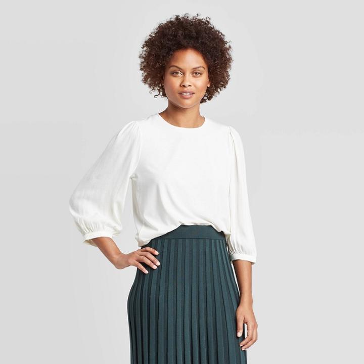 Women's Puff 3/4 Sleeve Crewneck Knit Top - A New Day Cream Xxl, Women's, Ivory