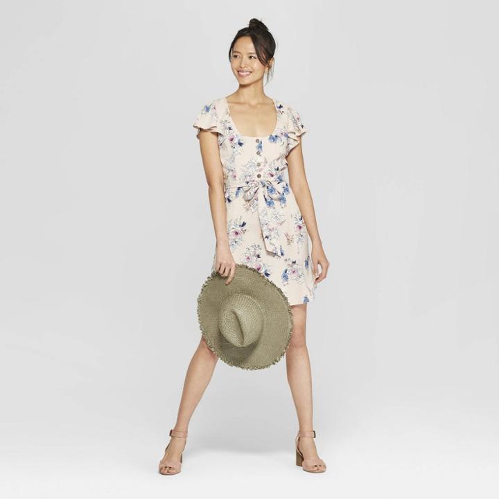 Women's Floral Print Short Sleeve Square Neck Button Front Dress - Xhilaration Blush Pink