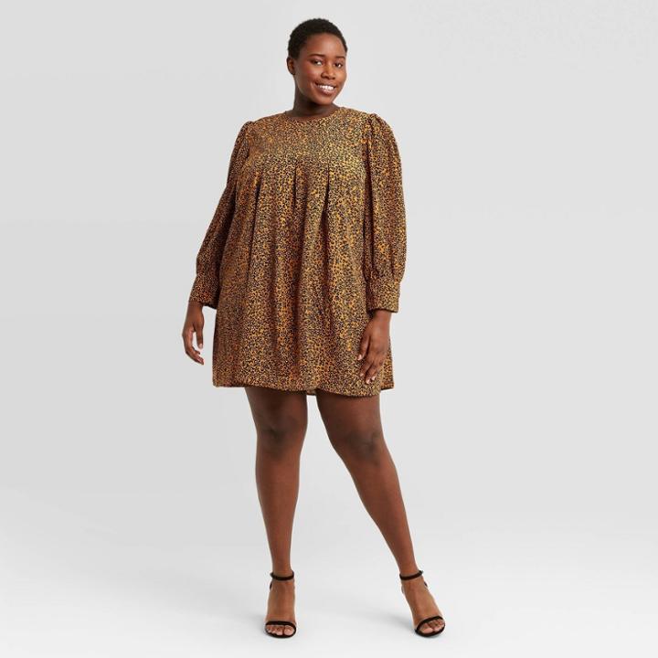 Women's Plus Size Leopard Print Balloon Long Sleeve Pleated Dress - Who What Wear Brown