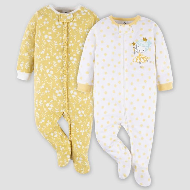 Gerber Baby 2pk Fairy Garden Zip-front Sleep N' Play - White/yellow Newborn