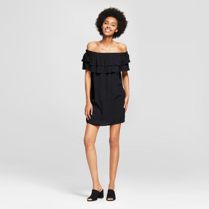 Women's Double Ruffle Off The Shoulder Crepe Dress - Grayson Threads (juniors') Black