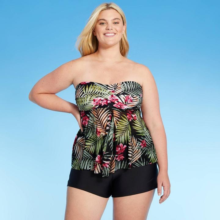 Kona Sol Women's Plus Size Twist-front Bandeau Flyaway Tankini Top - Kona