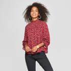 Women's Long Sleeve Floral Smocked Top Mock Neck Woven Top - Xhilaration Burgundy (red)