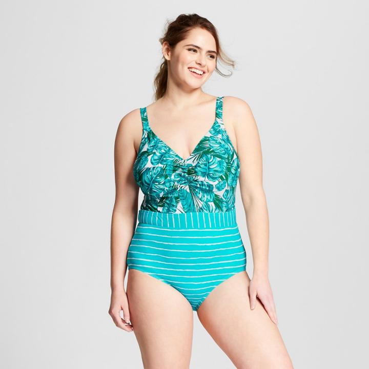 Plus Size Social Angel Women's Plus Palm One Piece - Green/white X