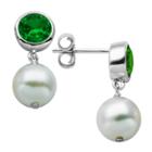 Prime Art & Jewel Sterling Silver Genuine White Pearl And Bezel Set Lab Created Emerald Post Earrings, Girl's,