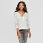 Women's Long Sleeve Lace-up Back With Lace Trim - Xhilaration Heather Grey