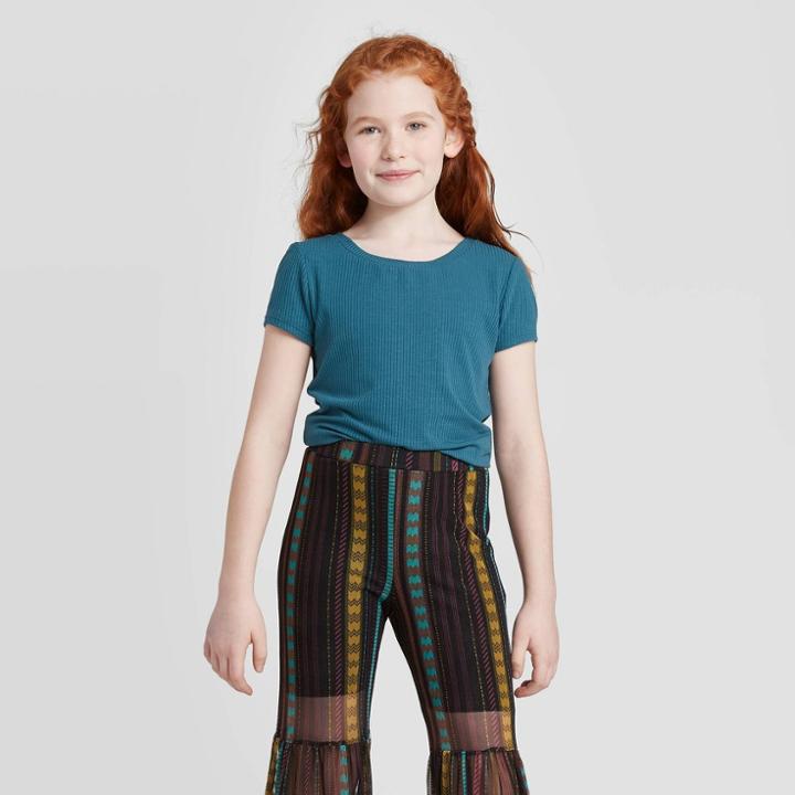 Petitegirls' Short Sleeve Ribbed T-shirt - Art Class Teal S, Girl's, Size: