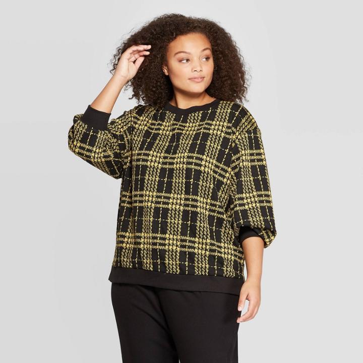 Women's Plus Size Plaid Long Sleeve Boat Neck Sweatshirt - Who What Wear Yellow