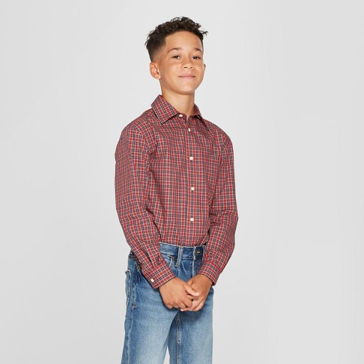 Boys' Tartan Long Sleeve Button-down Shirt - Cat & Jack Red