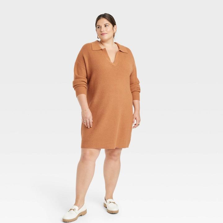 Women's Plus Size Long Sleeve Polo Sweater Dress - A New Day Brown