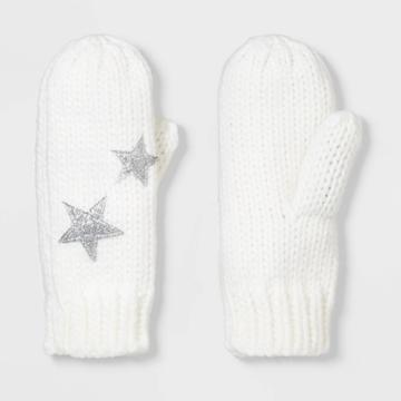 Girls' Chunky Knit Mittens - Cat & Jack Cream One Size, Girl's, Beige