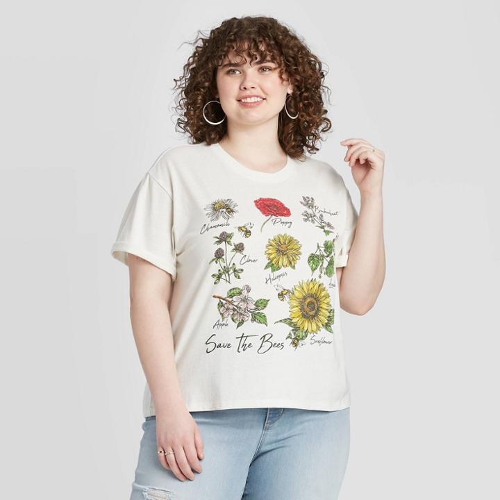 Recyclo Women's Plus Size Floral Print Save The Bees Short Sleeve Graphic T-shirt (juniors') - Ivory 1x, Women's, Size: