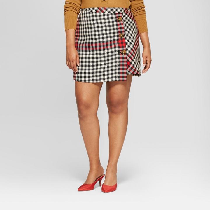 Women's Plus Size Plaid A-line Mini Skirt - Who What Wear Black/white