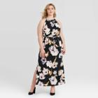 Women's Plus Size Floral Print Sleeveless Smocked Halter Neck Maxi Dress - Ava & Viv Black X, Women's