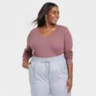 Women's Plus Size Long Sleeve V-neck Ribbed T-shirt - A New Day Purple