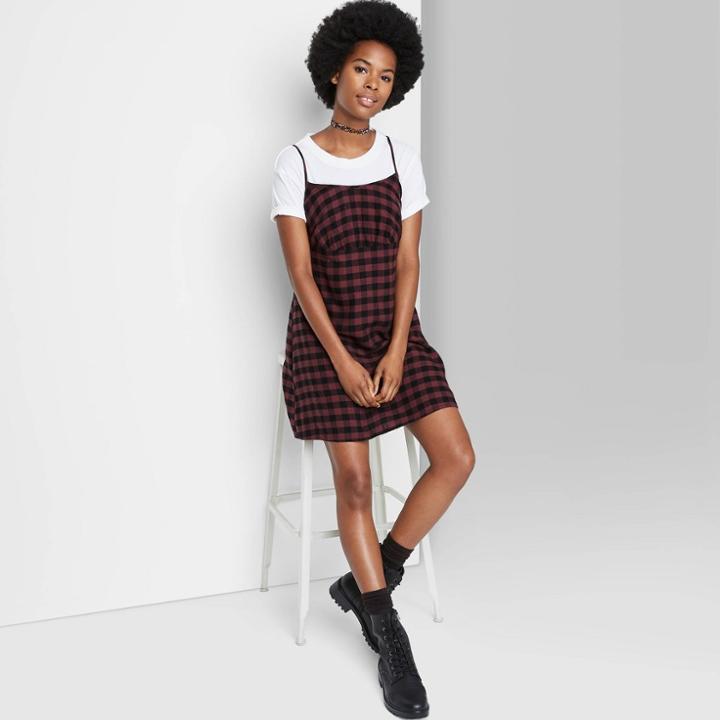 Women's Woven Slip Dress - Wild Fable Maroon Plaid