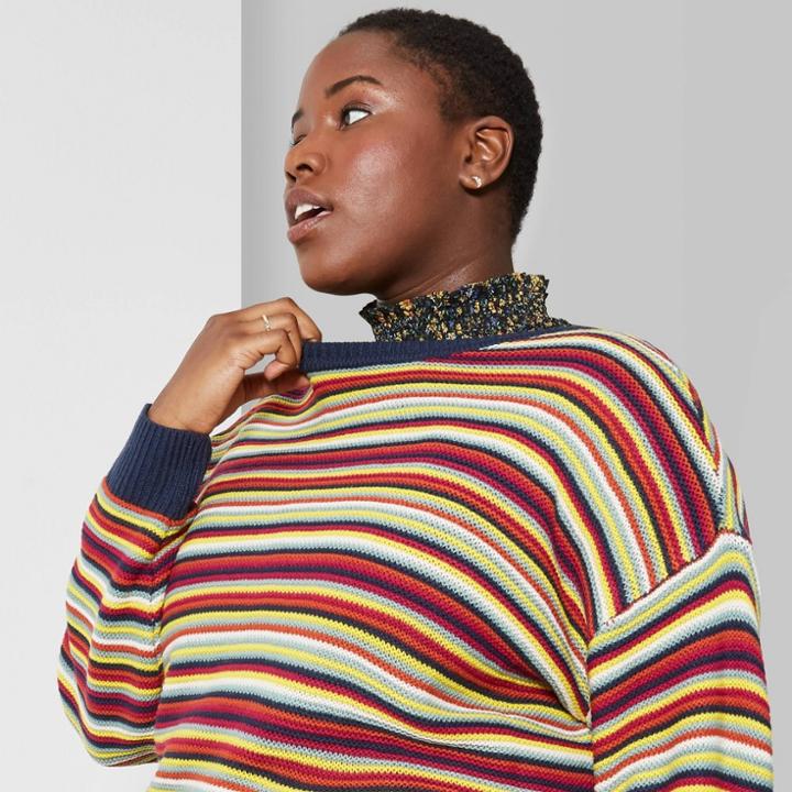 Women's Plus Size Striped Crewneck Oversized Sweater - Wild Fable Rainbow 3x,