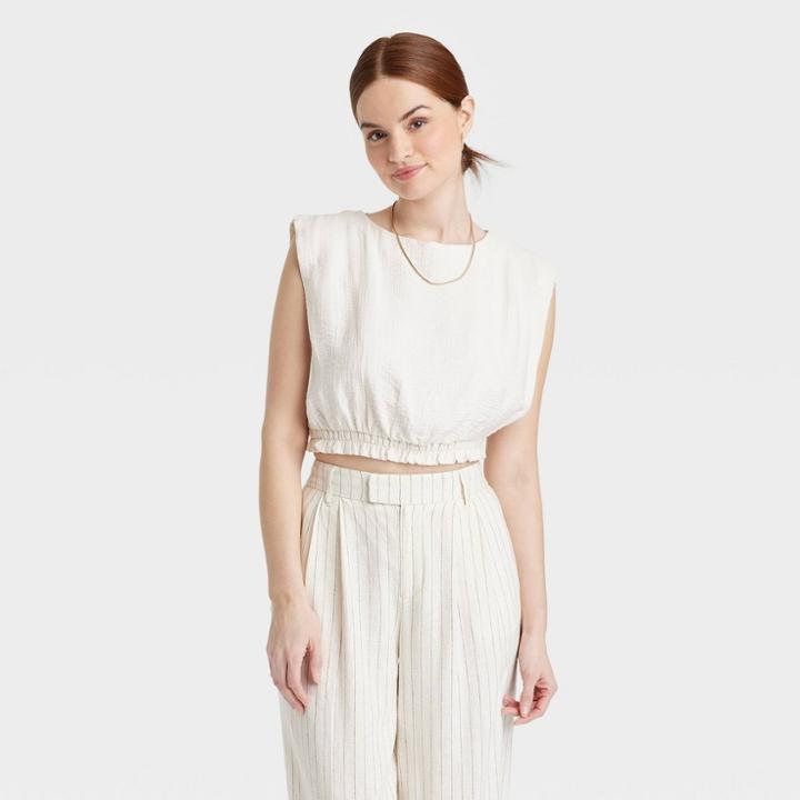 Women's Slim Fit Extended Shoulder Gauze Tank Top - A New Day Cream