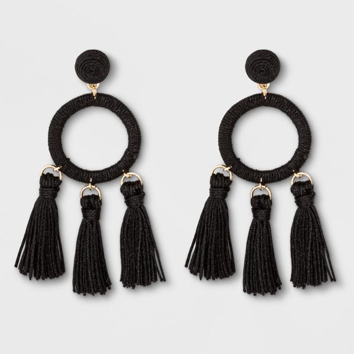 Threaded Circle Stud And Hoop With Mini Thread Tassels Drop Earrings - A New Day Black