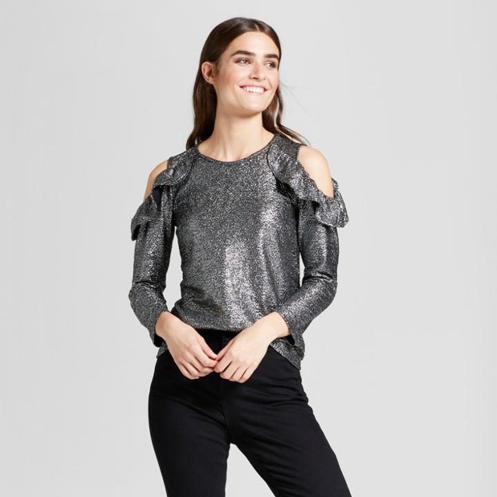 Eclair Women's Long Sleeve Foil Sparkle Cold Shoulder Ruffle Blouse - Clair