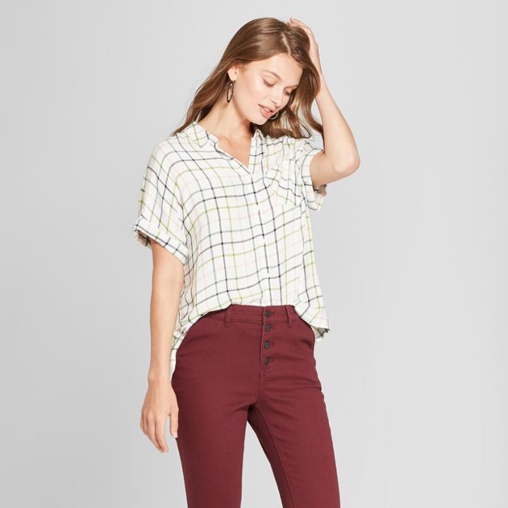 Women's Any Day Plaid Windowpane Short Sleeve Shirt - A New Day Cream