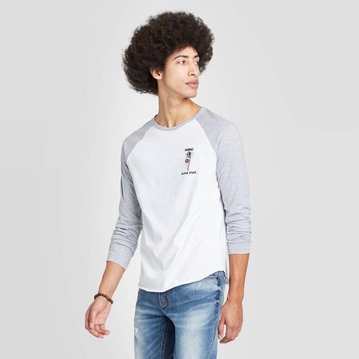 Men's Long Sleeve Crewneck Hawaii Aloha State Raglan Graphic T-shirt - Awake White/gray S, Men's,