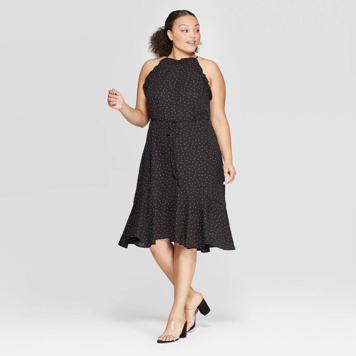Women's Plus Size Polka Dot Short Sleeve Halter Neck Mini Dress - Who What Wear Black