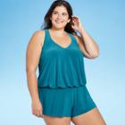 Women's Plus Size V-neck Romper - Aqua Green Deep