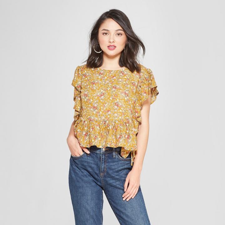 Women's Floral Print Short Sleeve Top - Lily Star (juniors') Vintage Yellow