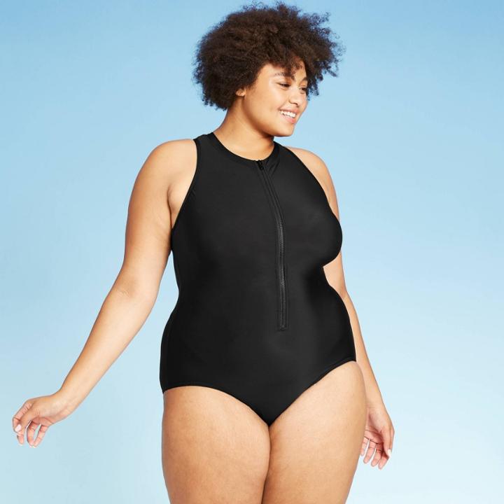 Women's Plus Size Zipper Front One Piece Swimsuit - Aqua Green Red 16w, Women's, Black
