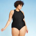 Women's Plus Size Zipper Front One Piece Swimsuit - Aqua Green Red 16w, Women's, Black