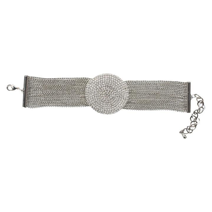 Zirconmania Multi-pave Fine Crystal Round Dome With Multi-link Strands Bracelet And Lobster Clasp - Rhodium, Women's, Clear