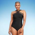 Women's Upf 50 Crossover Neck Detail One Piece Swimsuit - Aqua Green Black