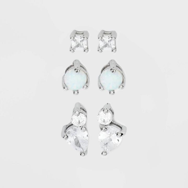 Sterling Silver Cubic Zirconia And Faux Opal Stud Earring Trio Set - A New Day
