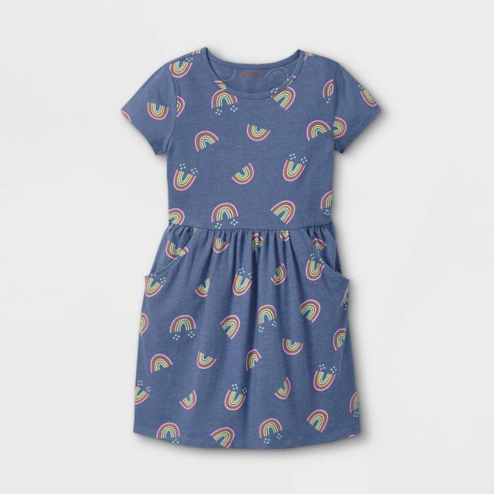 Girls' Printed Short Sleeve Knit Dress - Cat & Jack Dark Blue