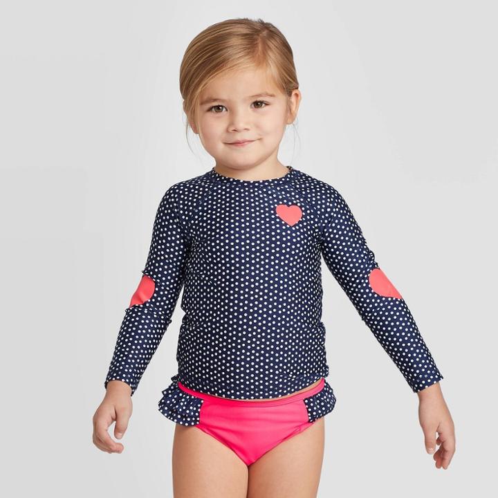 Toddler Girls' Dotted Raglan Long Sleeve Rash Guard With Ruffle Brief - Cat & Jack Navy 12m, Toddler Girl's, Blue
