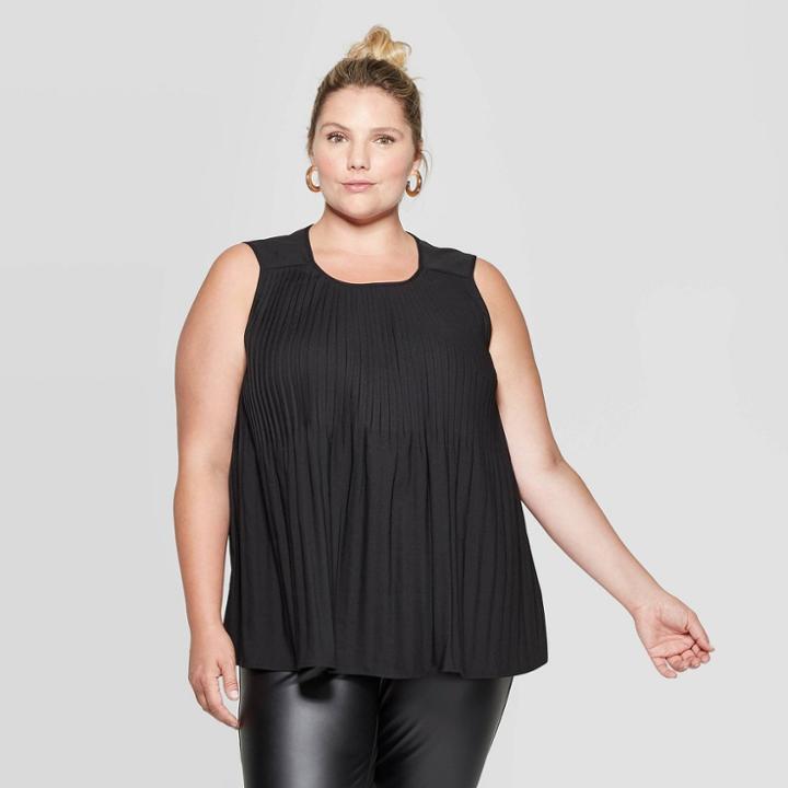 Women's Plus Size Sleeveless Crewneck Pleated Top - Ava & Viv Black 3x, Women's,